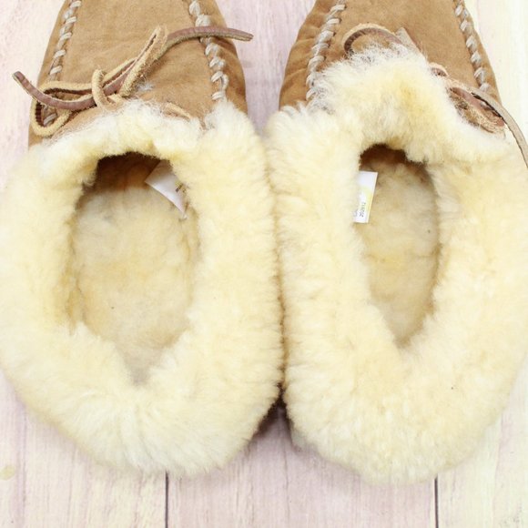 LL Bean Wicked Good Brown Suede Shearling Lined Moccasin Slippers Size 7 Medium - Picture 7 of 10